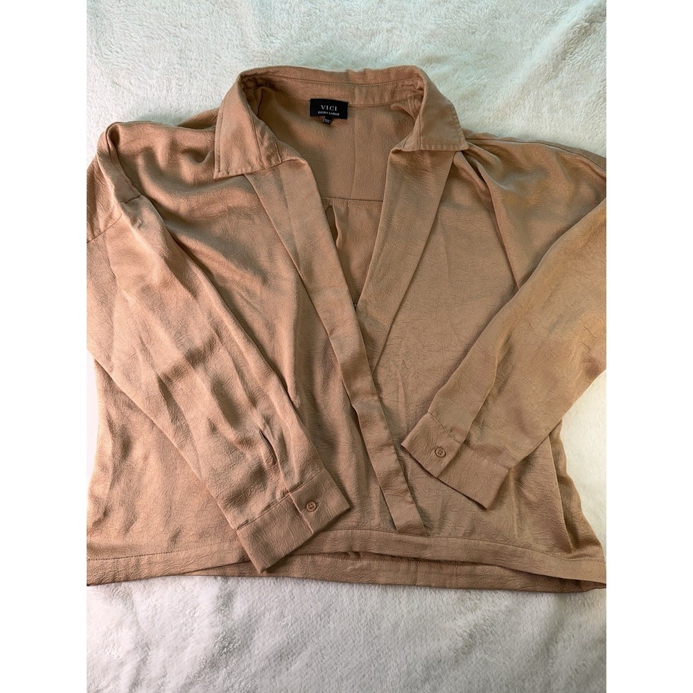VICI Women's Tan Solid Collared Long Sleeve Blouse Regular Size XL